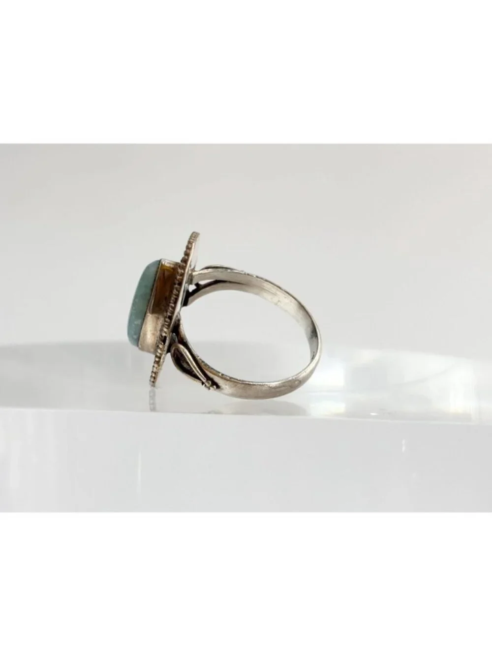 Blue Larimar Gemstone Scalloped Oxidized Sterling Silver 925 Vintage Ring - sz 8